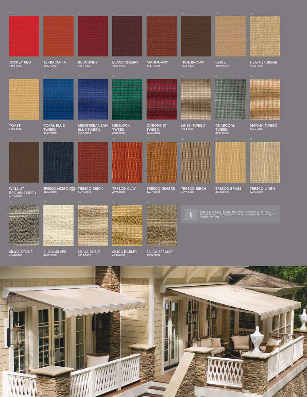 Selection Of Fabric Options With A Shot Of An Outdoor Living Space And Awning