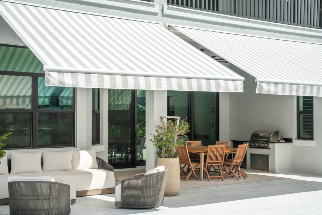 front view of new double awnings at a home in Palm Beach Gardens
