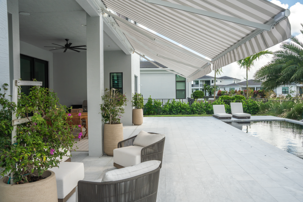 sie view of double awnings installed by Solarus USA