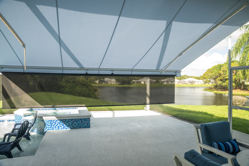 View from under a retractable awning with a drop screen