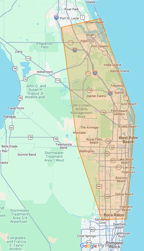 Map of the Solarus USA service area in Palm Beach County and Martin County